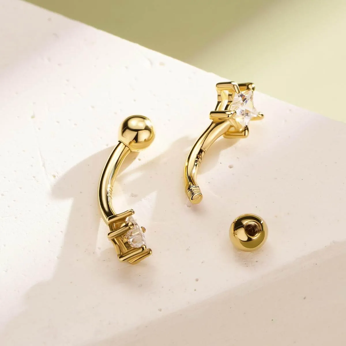 14K Solid Gold 16G Star CZ Rook Curved Barbell Eyebrow Ring