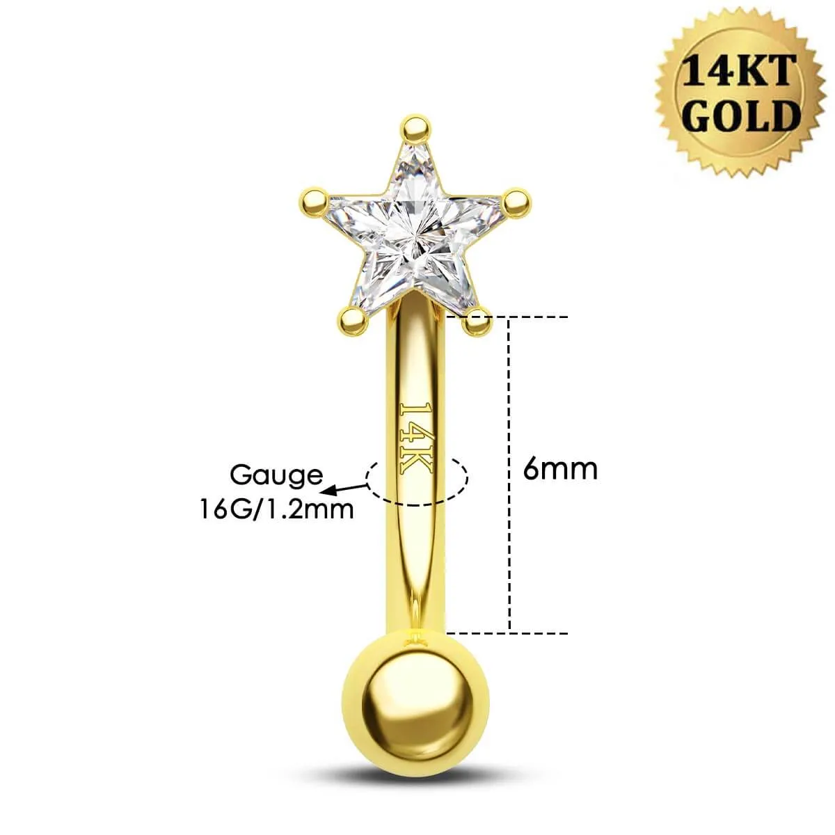 14K Solid Gold 16G Star CZ Rook Curved Barbell Eyebrow Ring