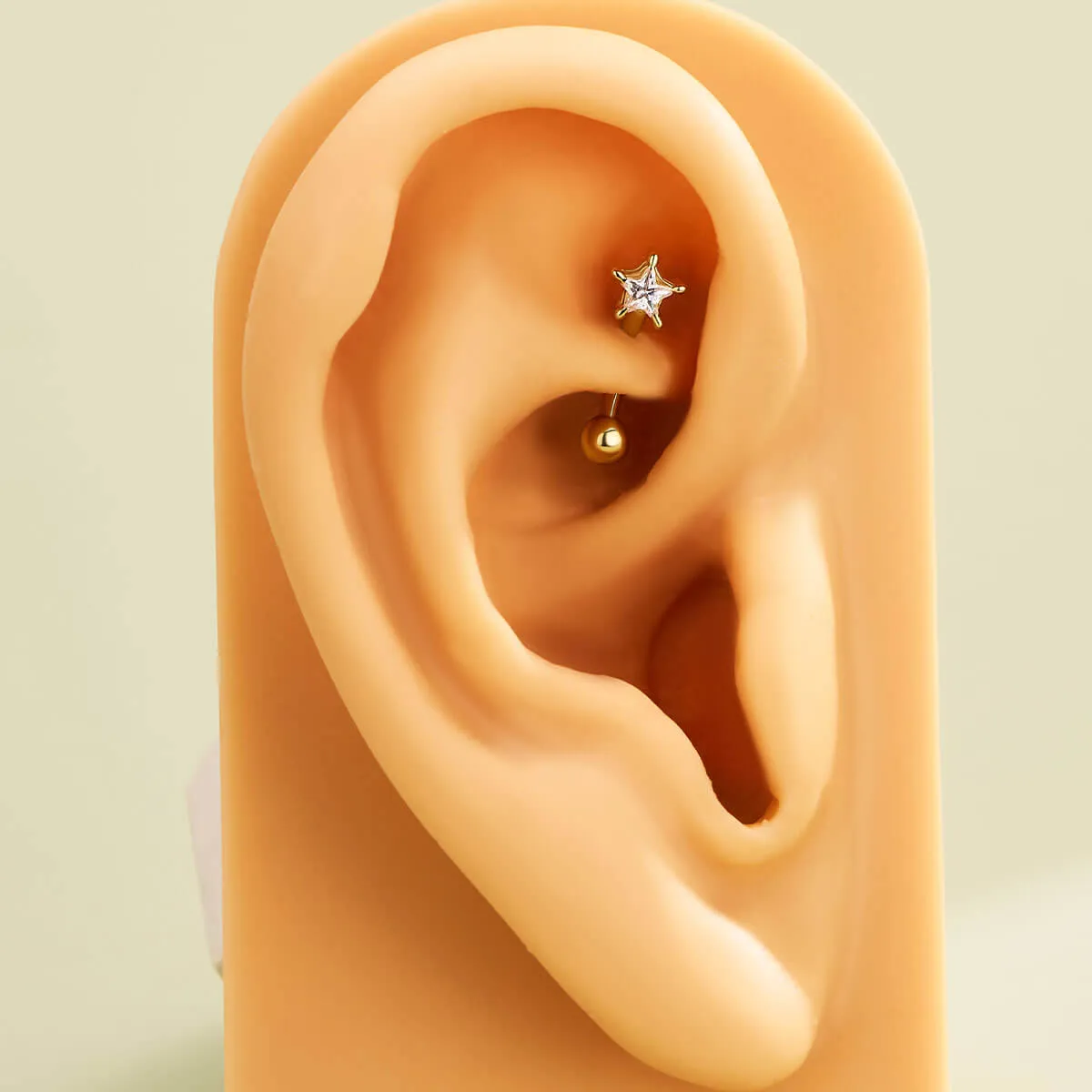 14K Solid Gold 16G Star CZ Rook Curved Barbell Eyebrow Ring