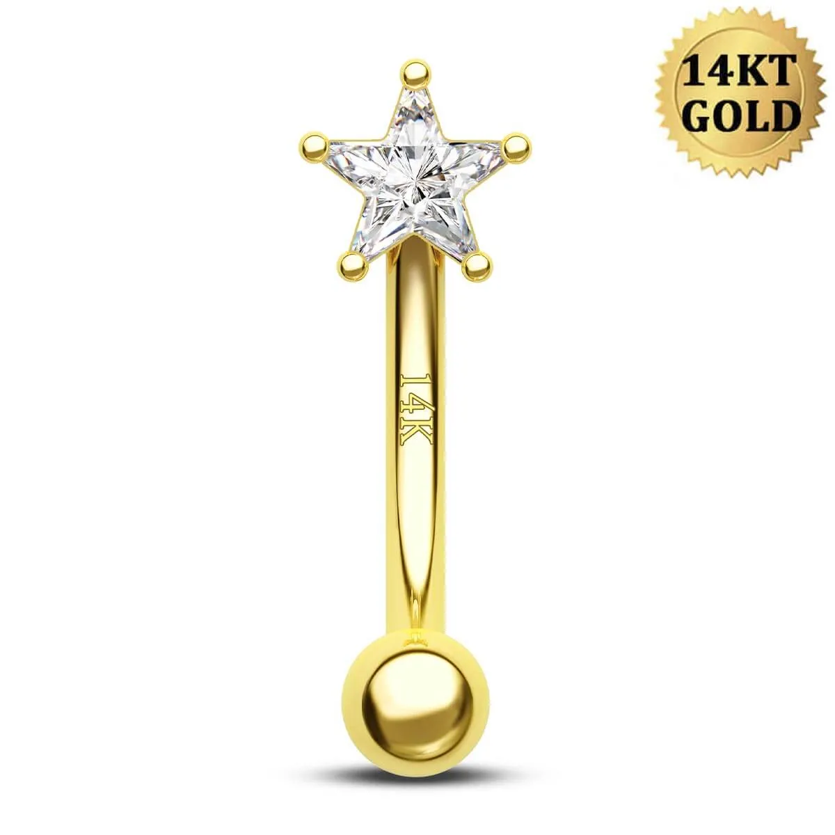 14K Solid Gold 16G Star CZ Rook Curved Barbell Eyebrow Ring