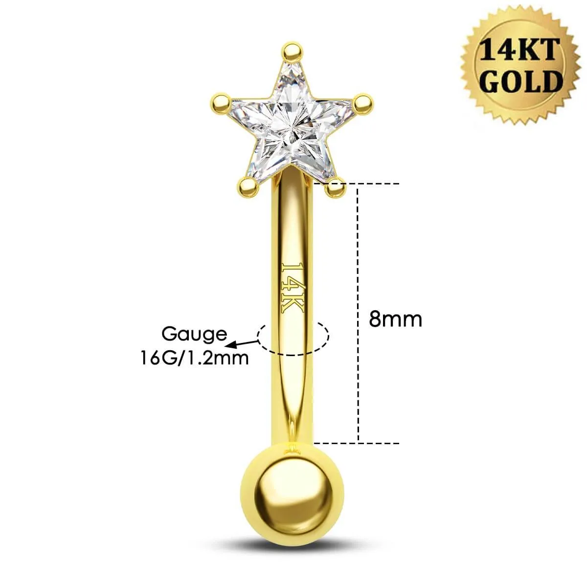 14K Solid Gold 16G Star CZ Rook Curved Barbell Eyebrow Ring