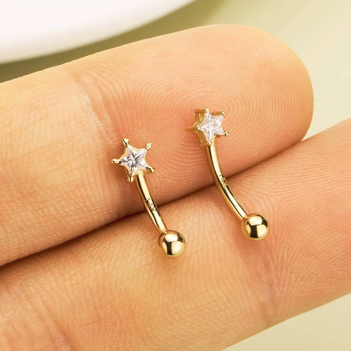 14K Solid Gold 16G Star CZ Rook Curved Barbell Eyebrow Ring