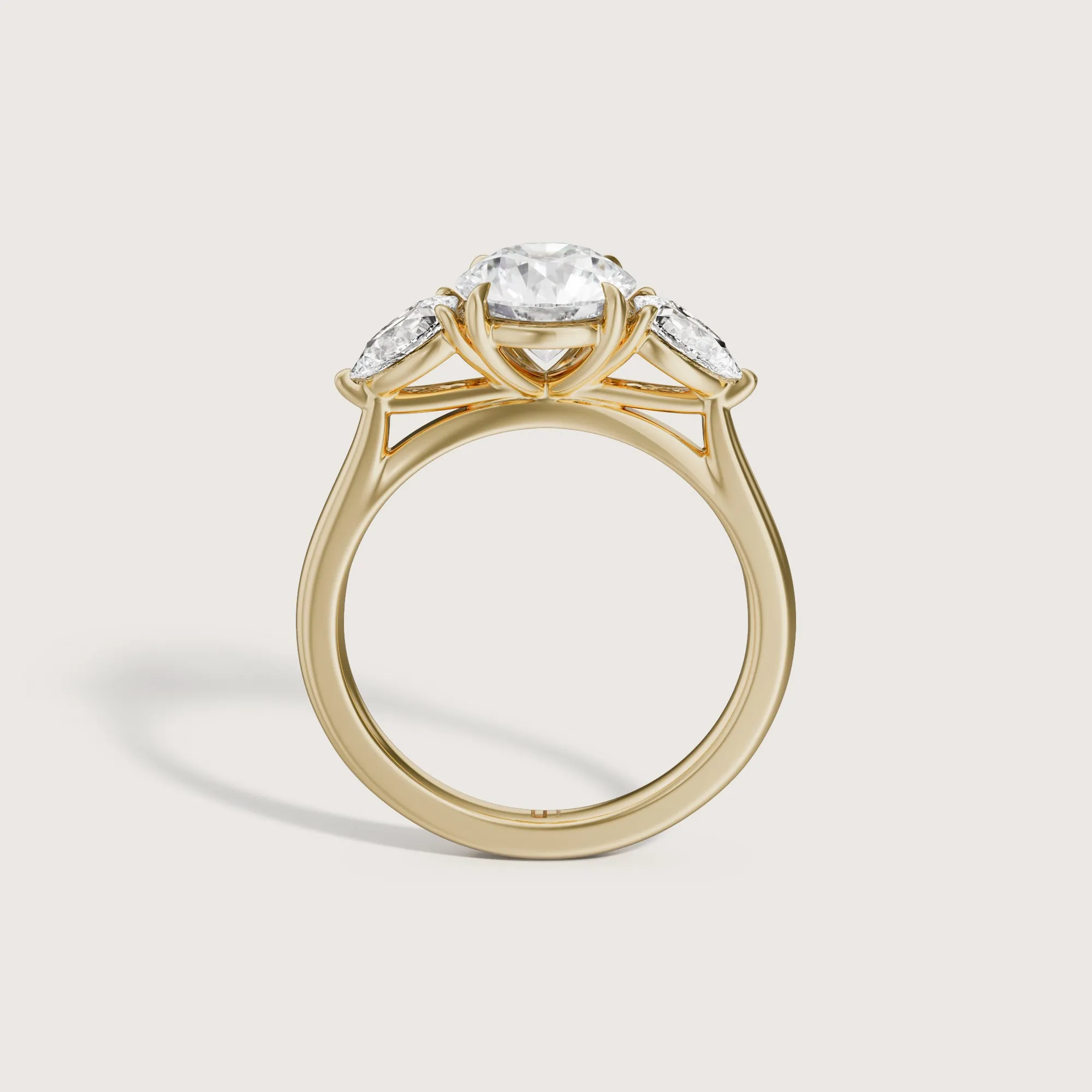 1.50ct Round Brilliant and Pear Peony Trilogy Ring 18k Yellow Gold