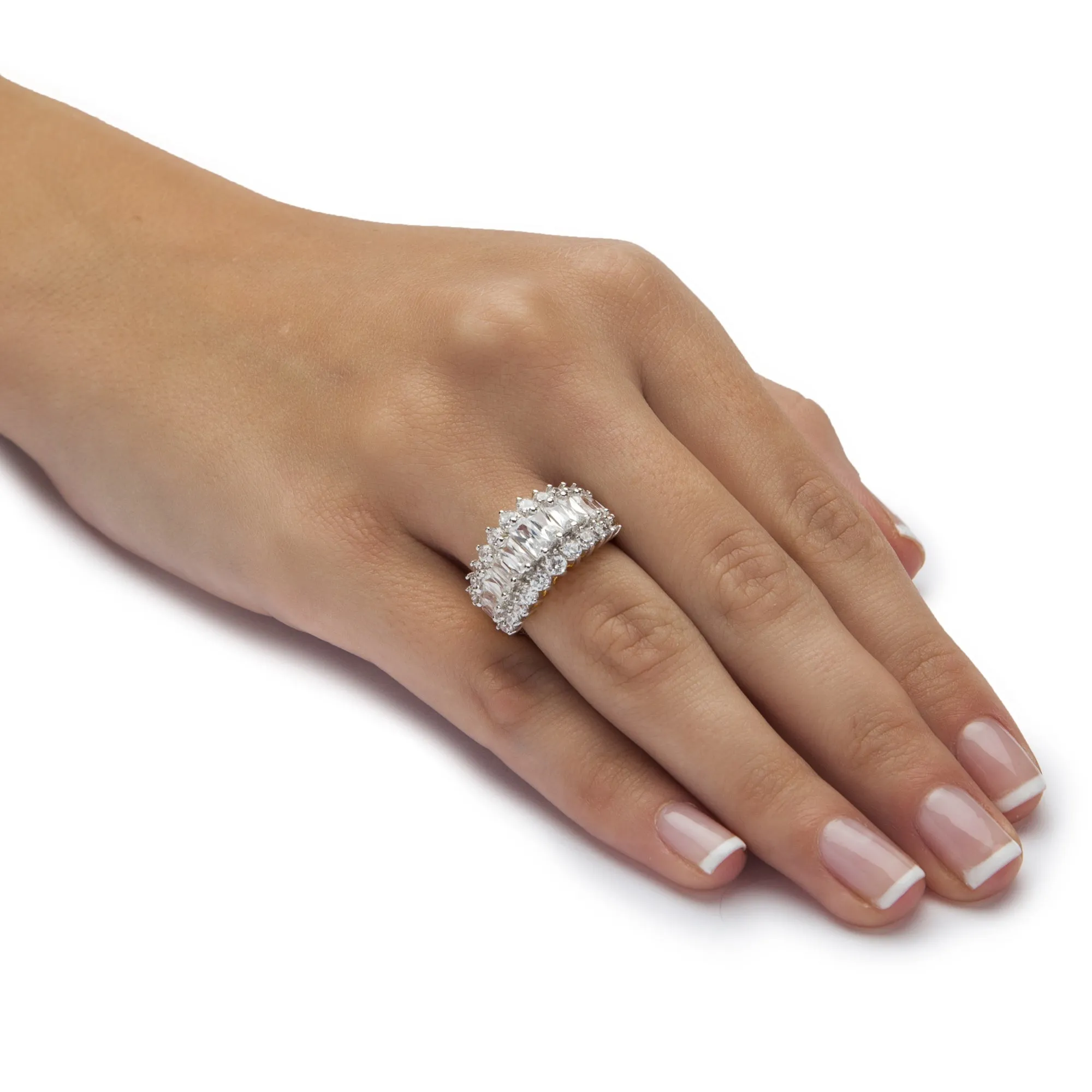 18K Yellow Gold over Sterling Silver Emerald Cut Cubic Zirconia Triple Row Anniversary Ring