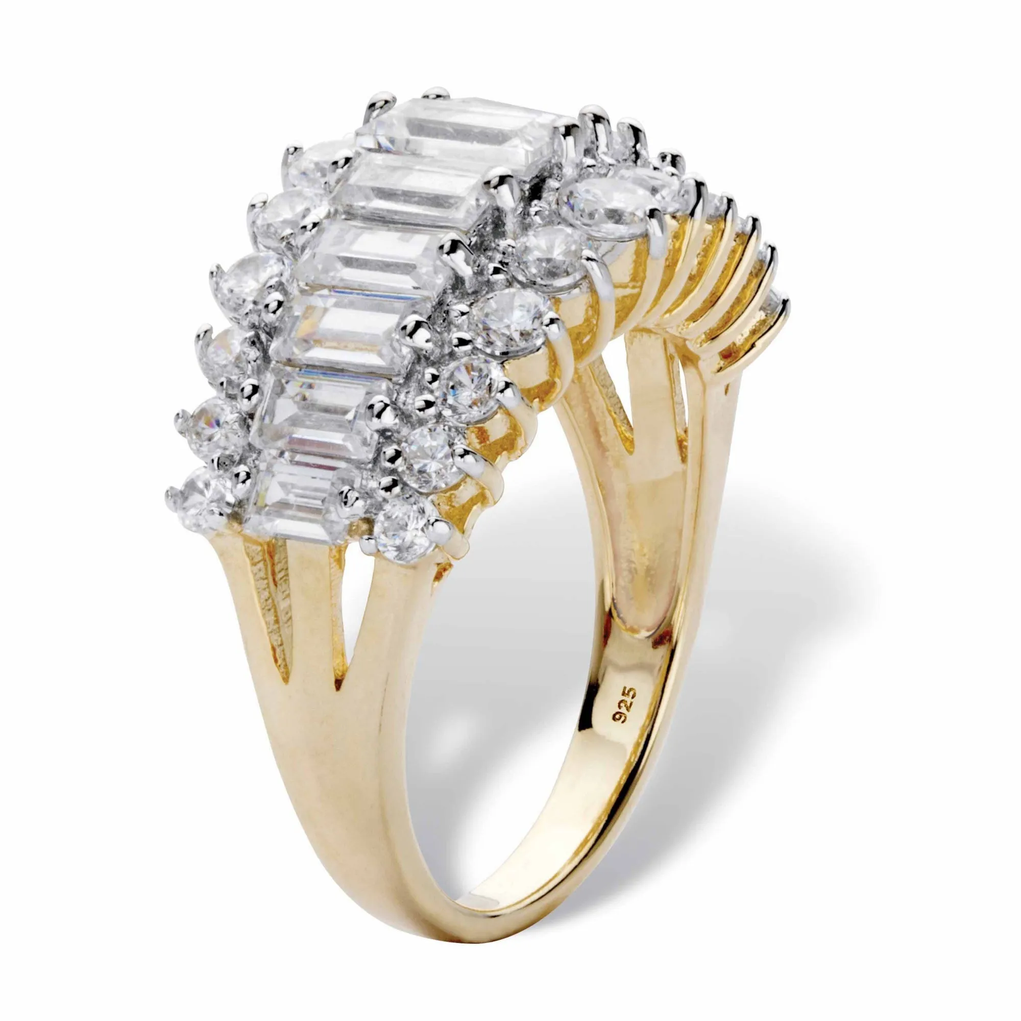 18K Yellow Gold over Sterling Silver Emerald Cut Cubic Zirconia Triple Row Anniversary Ring