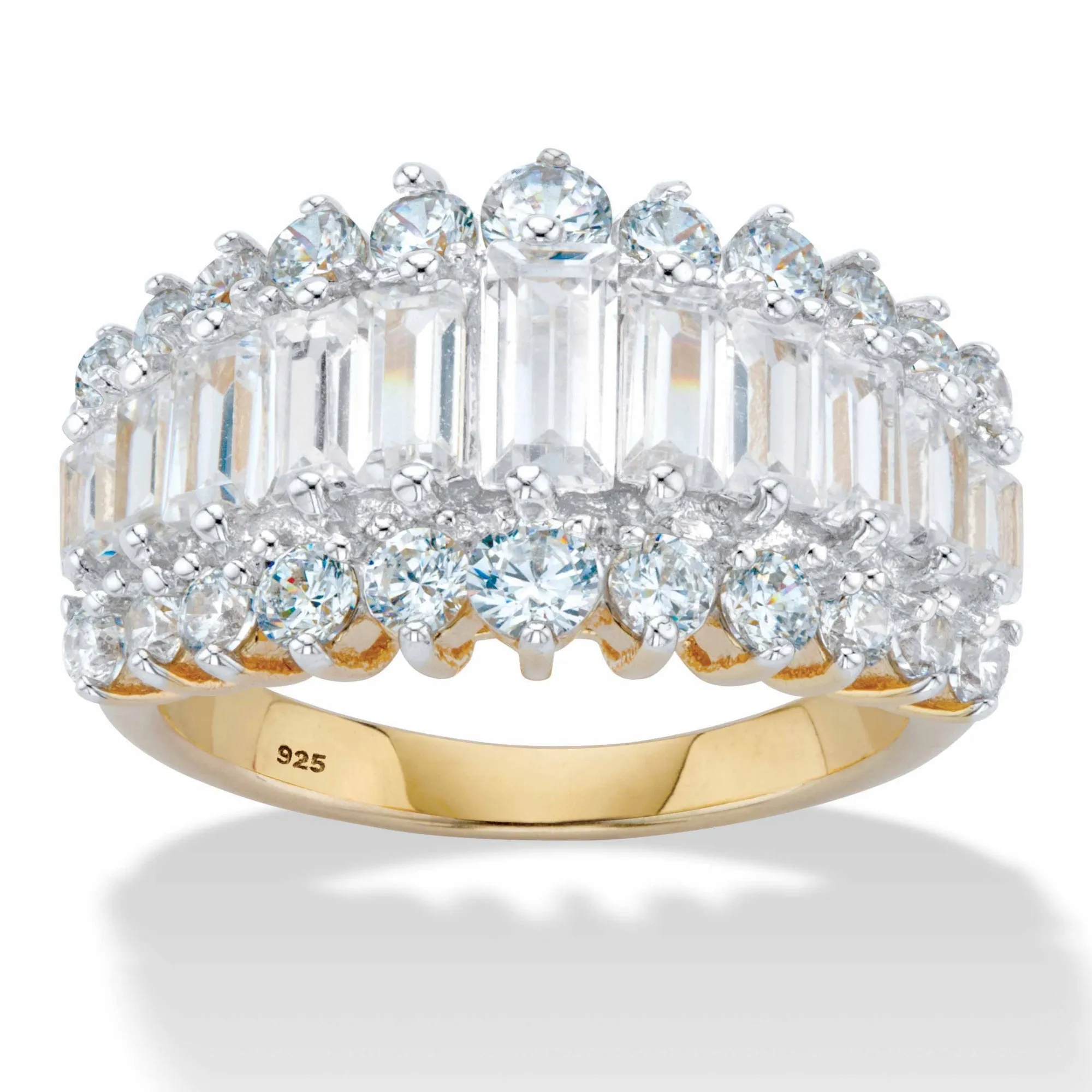 18K Yellow Gold over Sterling Silver Emerald Cut Cubic Zirconia Triple Row Anniversary Ring