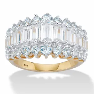 18K Yellow Gold over Sterling Silver Emerald Cut Cubic Zirconia Triple Row Anniversary Ring