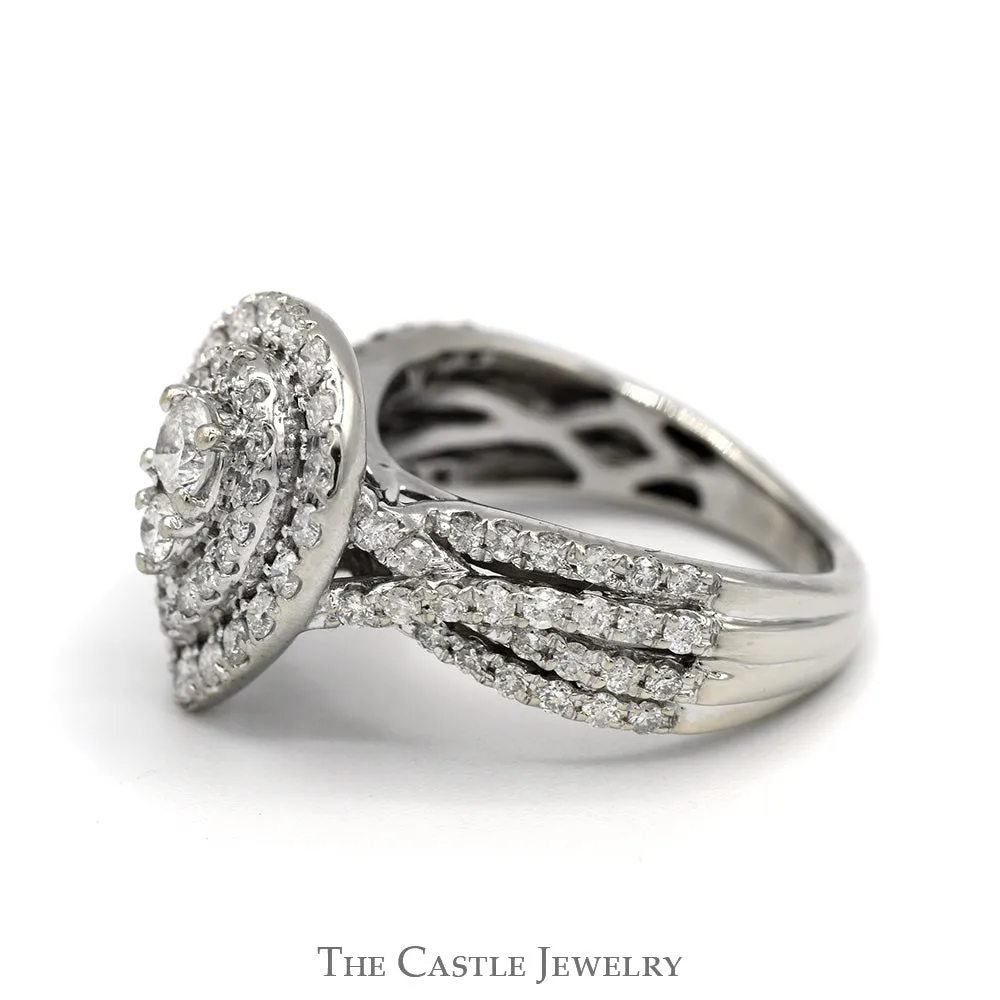1cttw Pear Shaped Diamond Cluster Ring with Diamond Accented Twisted Sides in 14k White Gold