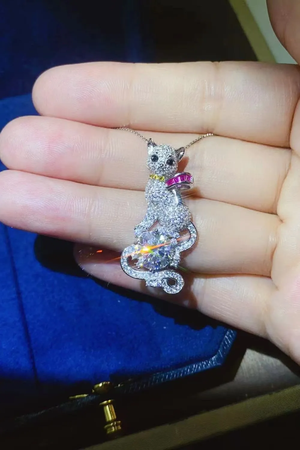 2 Carat Moissanite Cat Pendant 925 Sterling Silver Necklace
