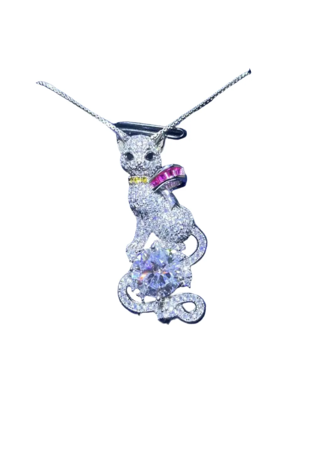 2 Carat Moissanite Cat Pendant 925 Sterling Silver Necklace