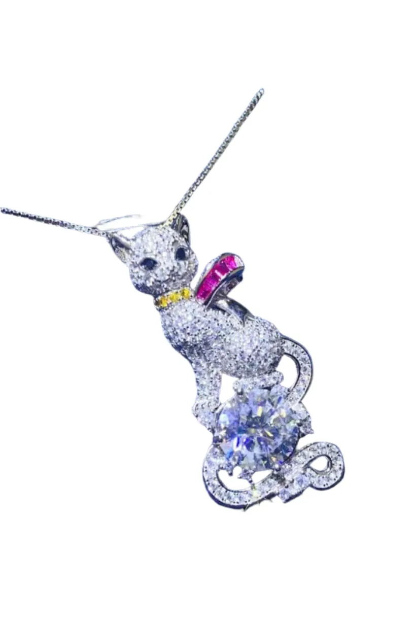 2 Carat Moissanite Cat Pendant 925 Sterling Silver Necklace