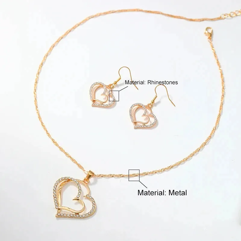 3 Pcs Set Heart Shaped Jewelry Set Of Earrings Pendant Necklace For Women Exquisite Fashion Rhinestone Double Heart Jewelry Set