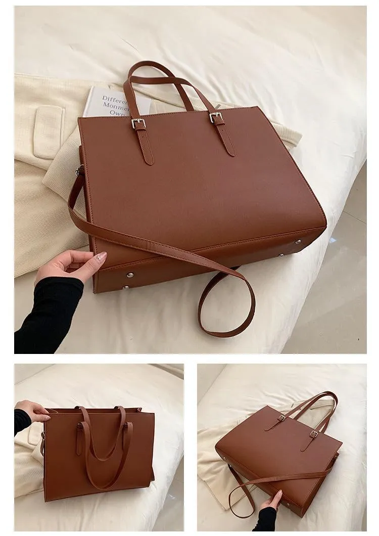 (42x32x13cm) Ladies Leather Handbag Fashion Shopper Shoulder Bag with Laptop Compartment up to 15.6" - Brown