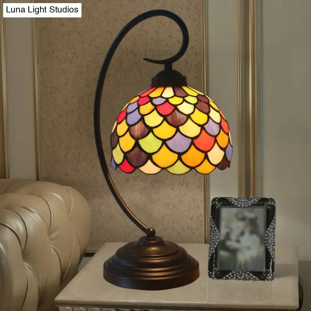 Anna - Tiffany Bronze Dome Shaped Night Table Light Tiffany 1 Light Stained Glass Nightstand Lamp with Fishscale Pattern