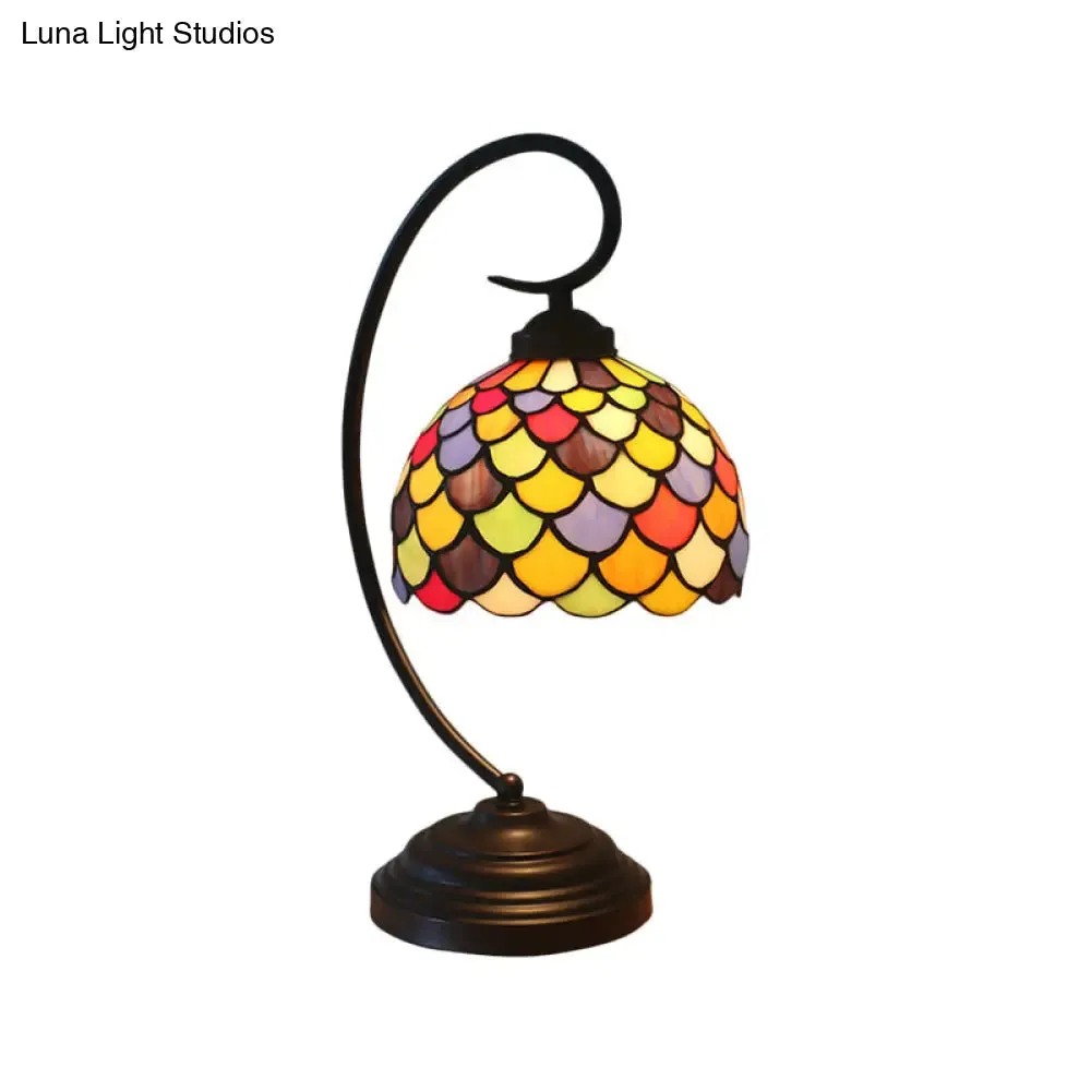 Anna - Tiffany Bronze Dome Shaped Night Table Light Tiffany 1 Light Stained Glass Nightstand Lamp with Fishscale Pattern