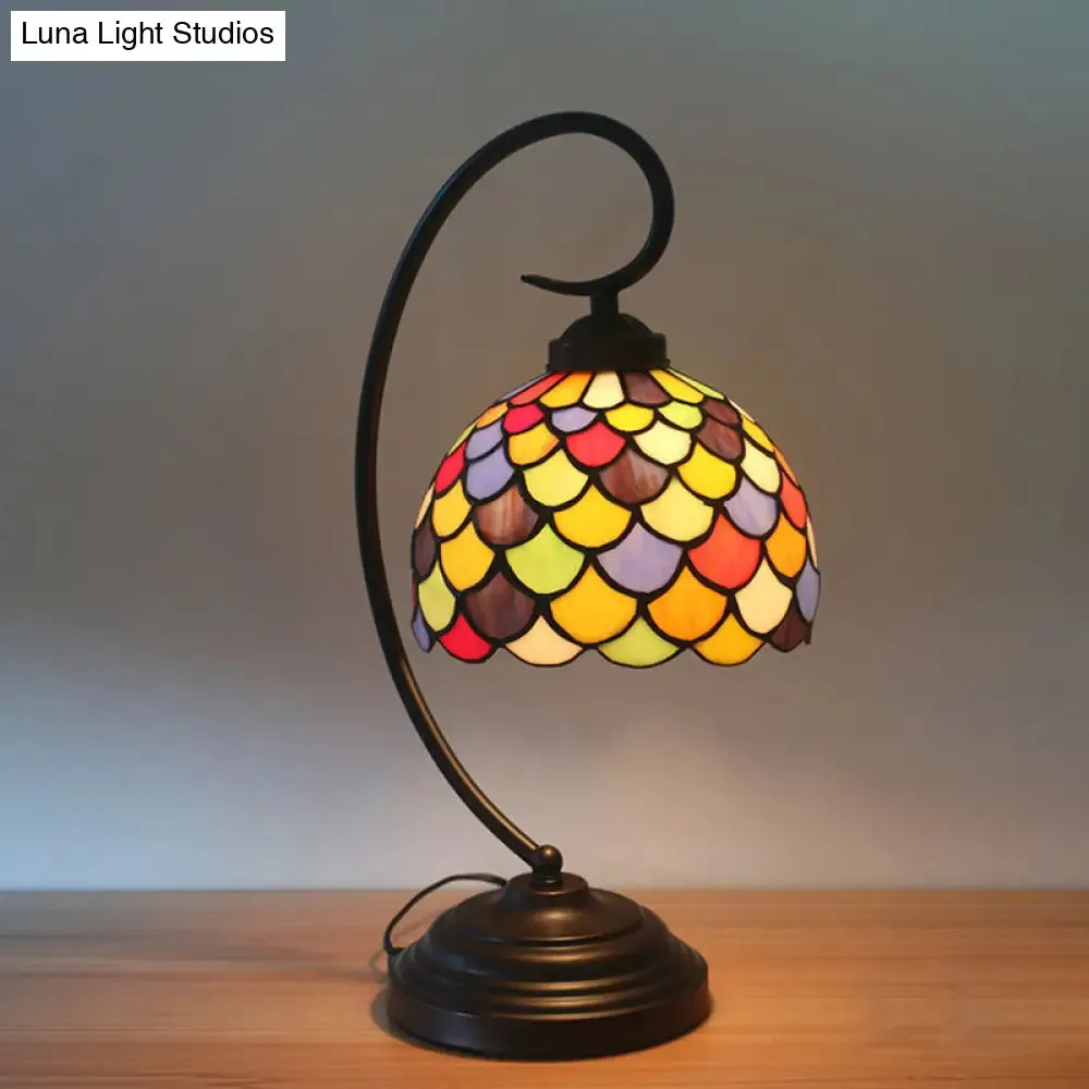 Anna - Tiffany Bronze Dome Shaped Night Table Light Tiffany 1 Light Stained Glass Nightstand Lamp with Fishscale Pattern