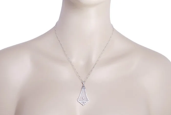 Art Deco Filigree Crystal and Diamond Pendant in 14 Karat White Gold