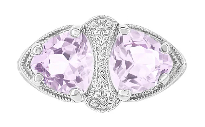Art Deco Rose de France Amethyst Loving Duo Filigree Ring in 14 Karat White Gold