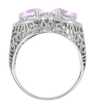 Art Deco Rose de France Amethyst Loving Duo Filigree Ring in 14 Karat White Gold