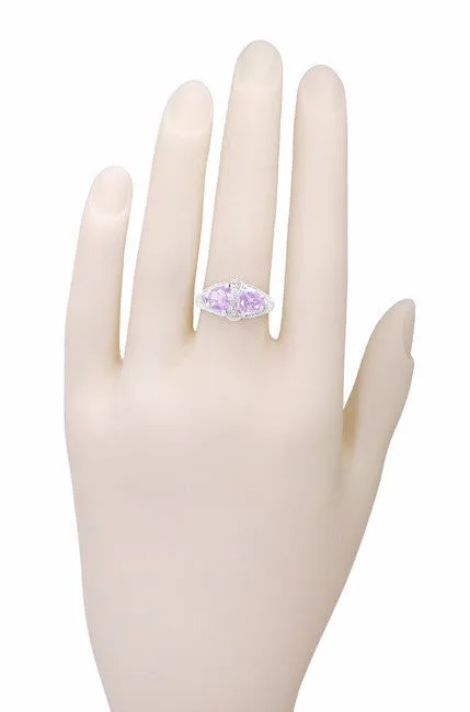 Art Deco Rose de France Amethyst Loving Duo Filigree Ring in 14 Karat White Gold