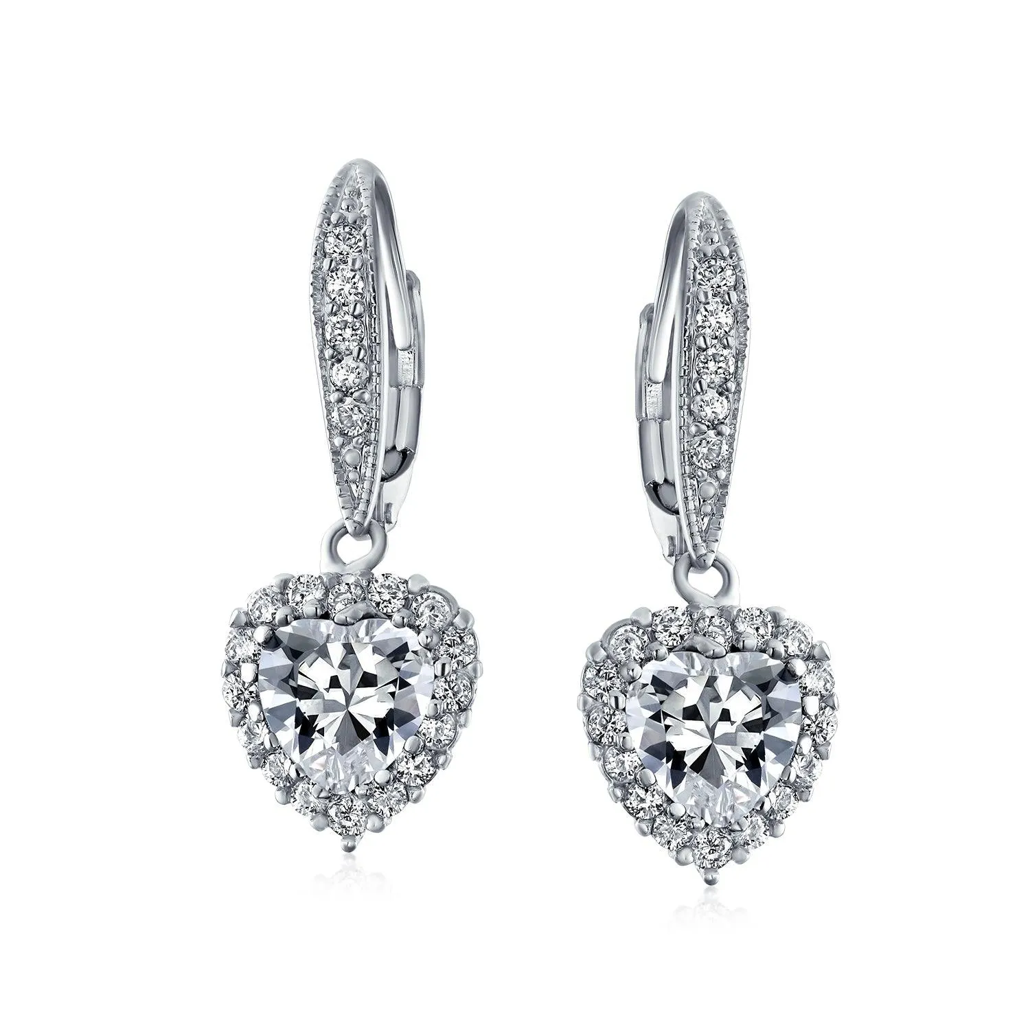Bridal Romantic Red Pink CZ Heart Dangle Chandelier Earrings Rhodium Plated
