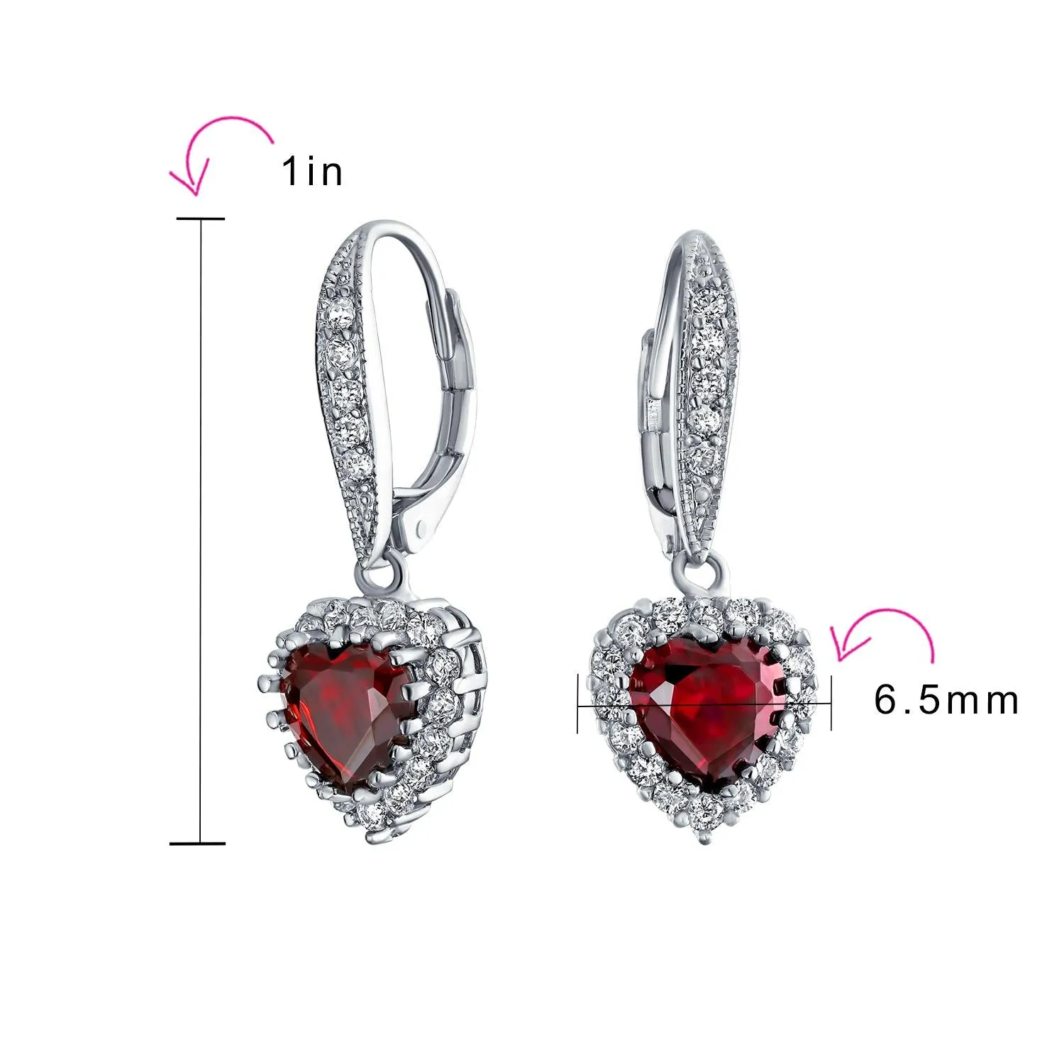 Bridal Romantic Red Pink CZ Heart Dangle Chandelier Earrings Rhodium Plated