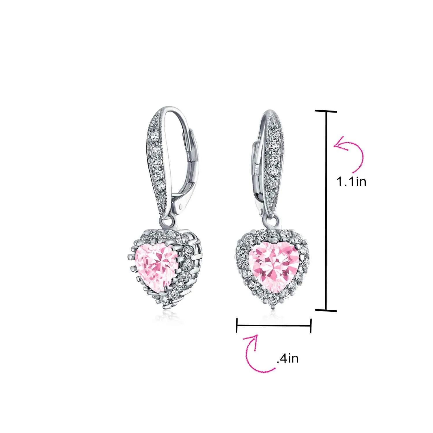 Bridal Romantic Red Pink CZ Heart Dangle Chandelier Earrings Rhodium Plated