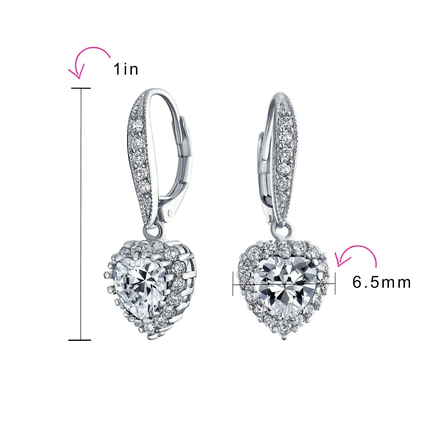 Bridal Romantic Red Pink CZ Heart Dangle Chandelier Earrings Rhodium Plated