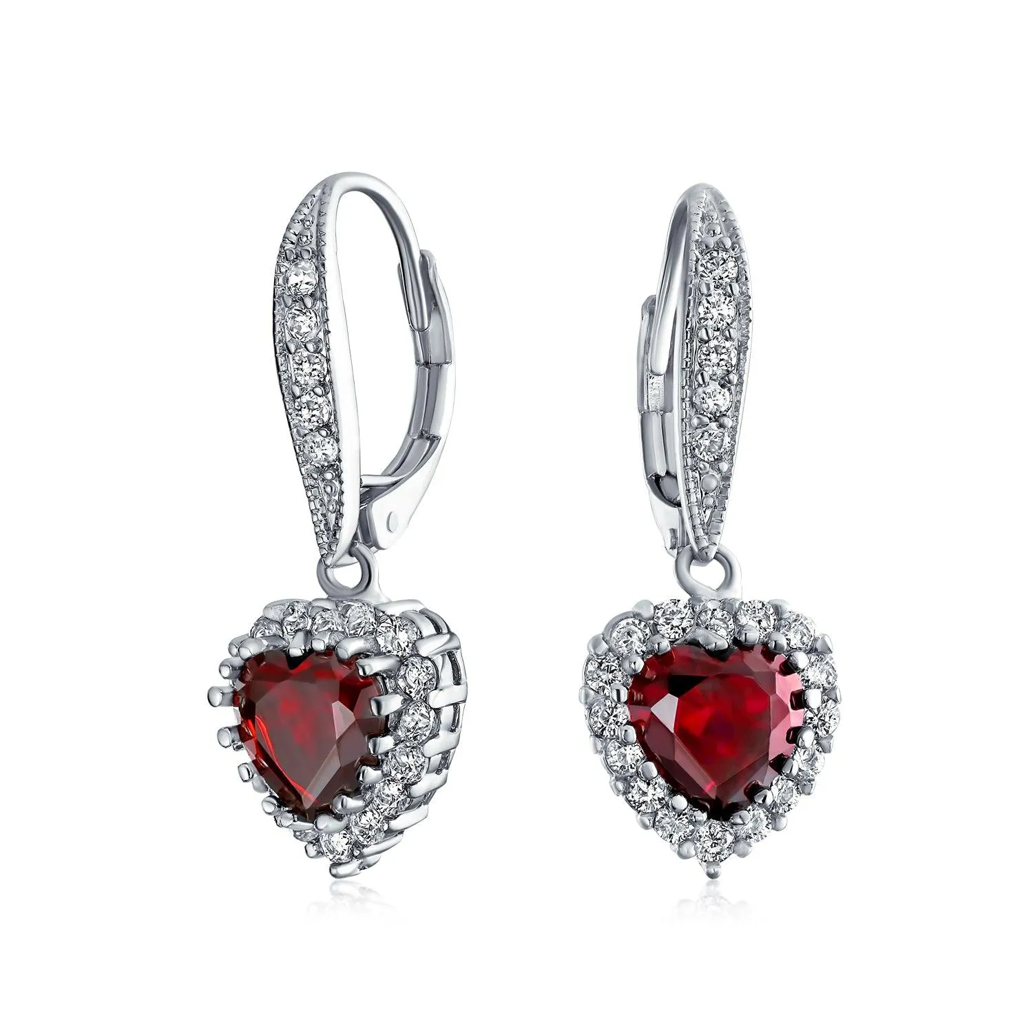 Bridal Romantic Red Pink CZ Heart Dangle Chandelier Earrings Rhodium Plated
