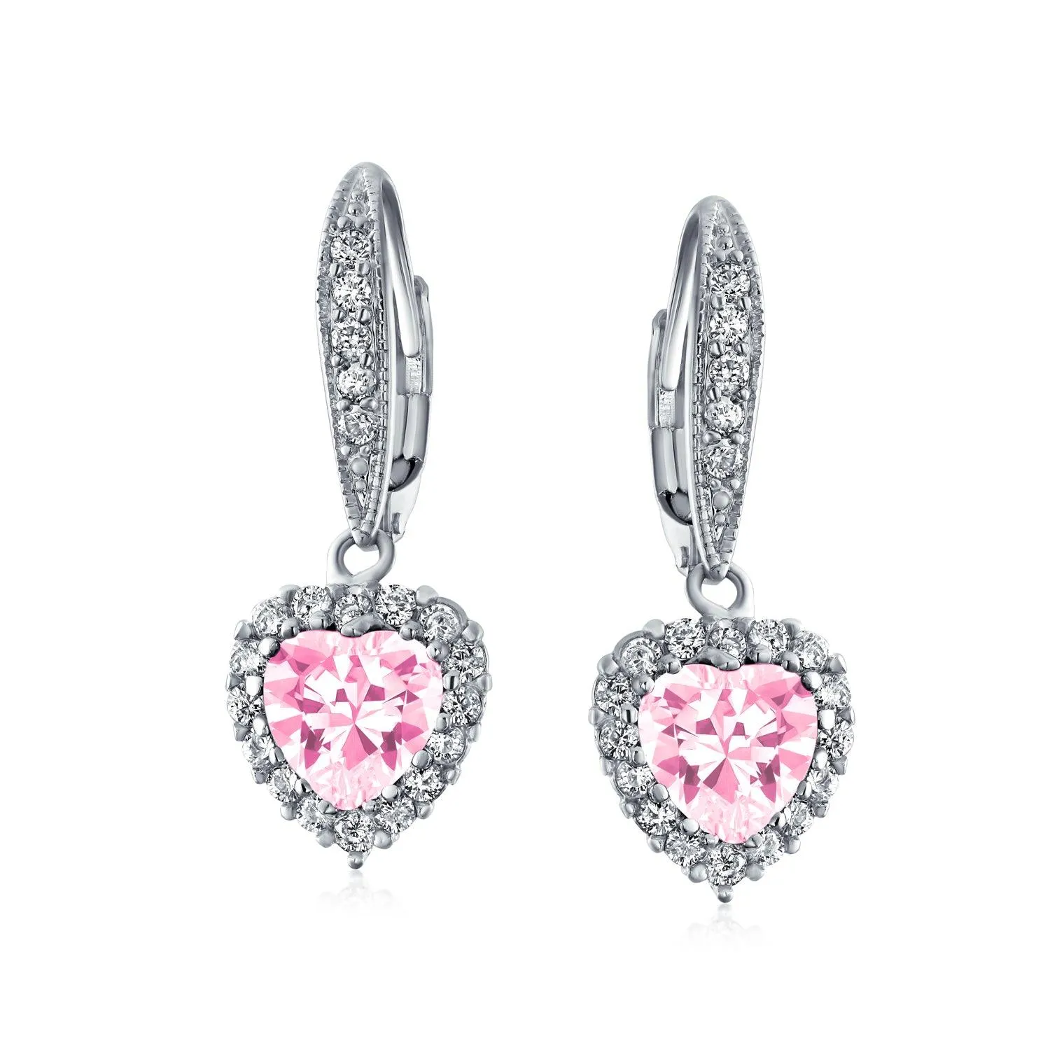 Bridal Romantic Red Pink CZ Heart Dangle Chandelier Earrings Rhodium Plated