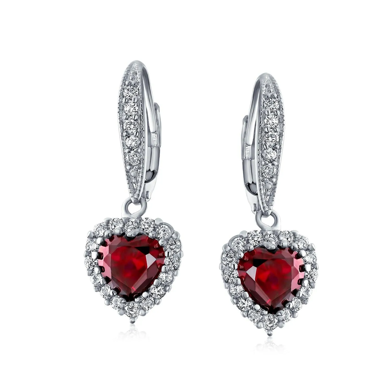Bridal Romantic Red Pink CZ Heart Dangle Chandelier Earrings Rhodium Plated