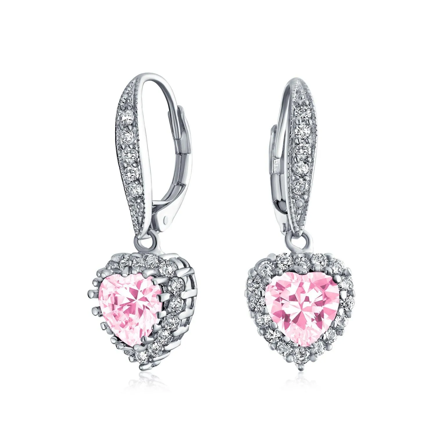 Bridal Romantic Red Pink CZ Heart Dangle Chandelier Earrings Rhodium Plated