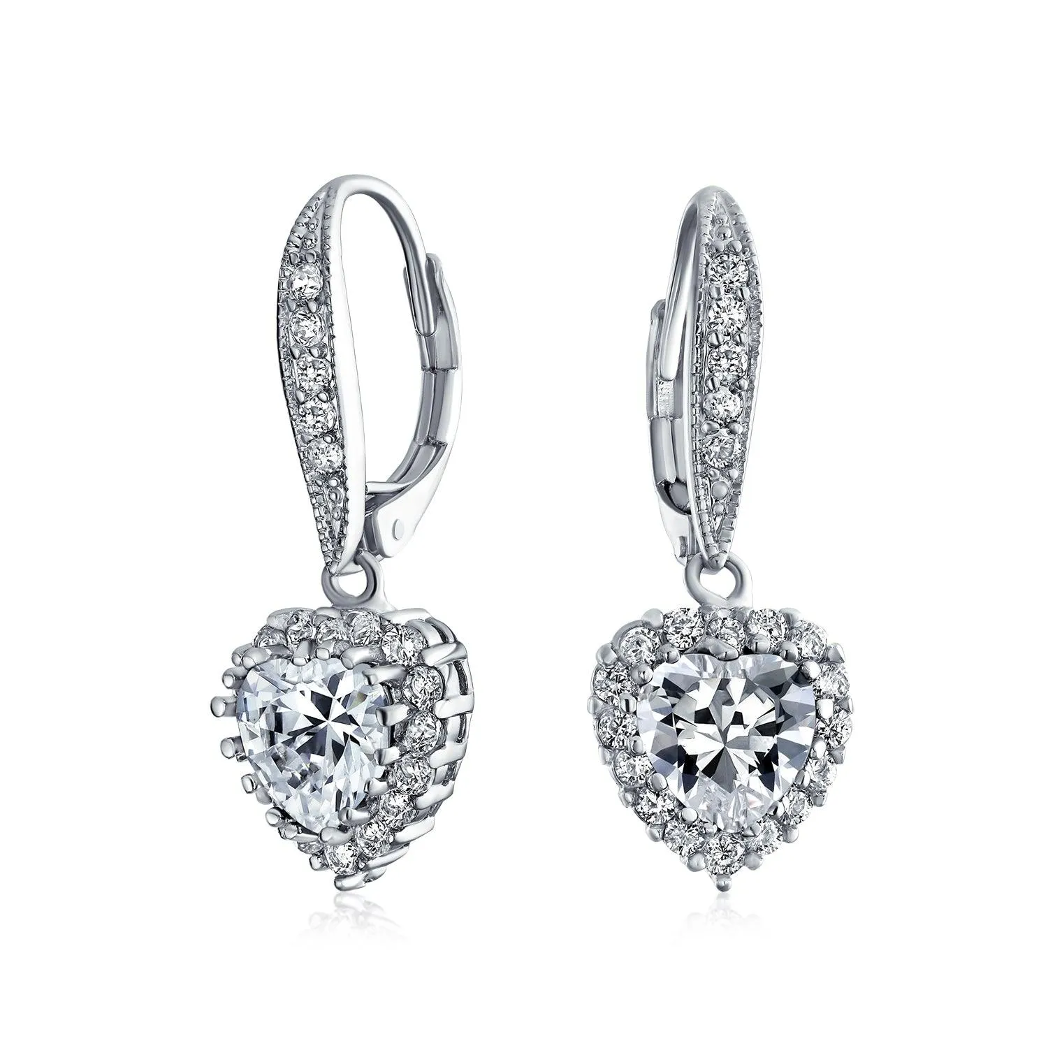 Bridal Romantic Red Pink CZ Heart Dangle Chandelier Earrings Rhodium Plated