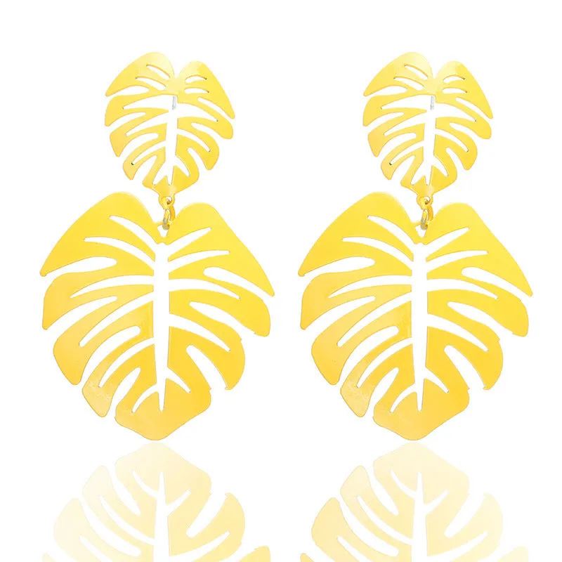 Candy-colored romantic openwork leaf-shaped exquisite fashion earrings