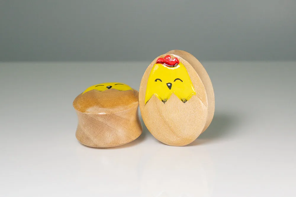 Chirpy Hand painted Egg shape Wood Plugs (Pair) - PA135