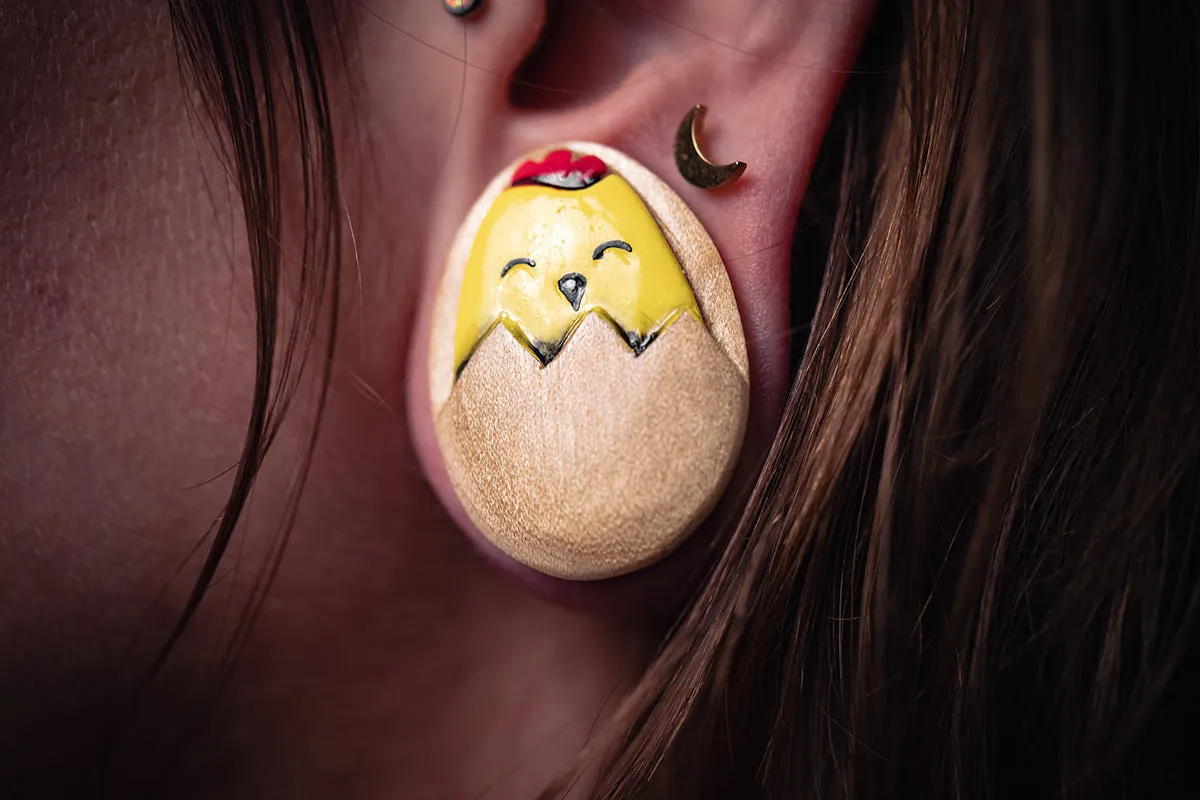 Chirpy Hand painted Egg shape Wood Plugs (Pair) - PA135