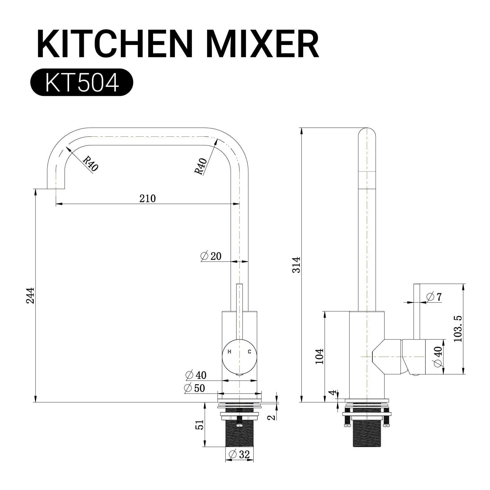 CLIO Kitchen Sink Mixer Square Tap Bench Mount Chrome