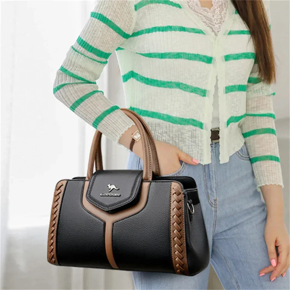 Color-Block Leather Handbag – Large Capacity Shoulder Bag for Women