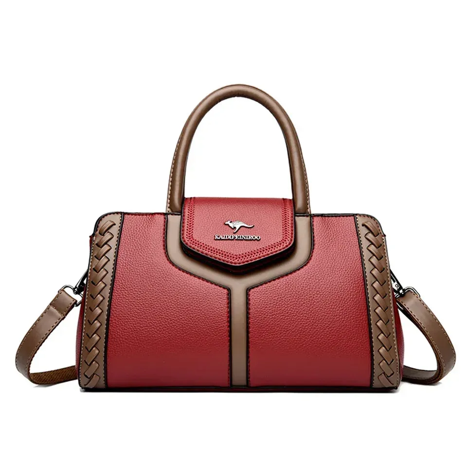 Color-Block Leather Handbag – Large Capacity Shoulder Bag for Women
