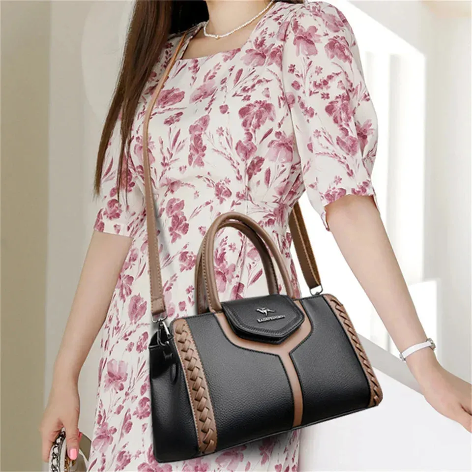 Color-Block Leather Handbag – Large Capacity Shoulder Bag for Women