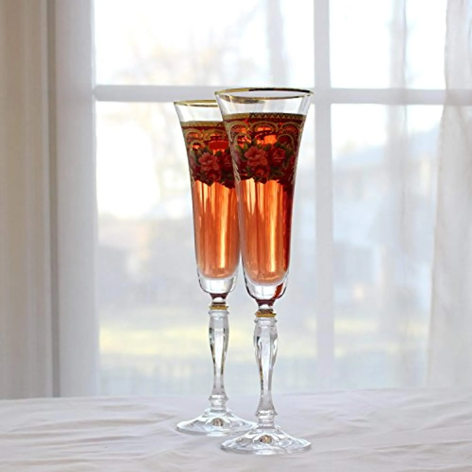Crystal Champagne Flute, 24K Gold Floral
