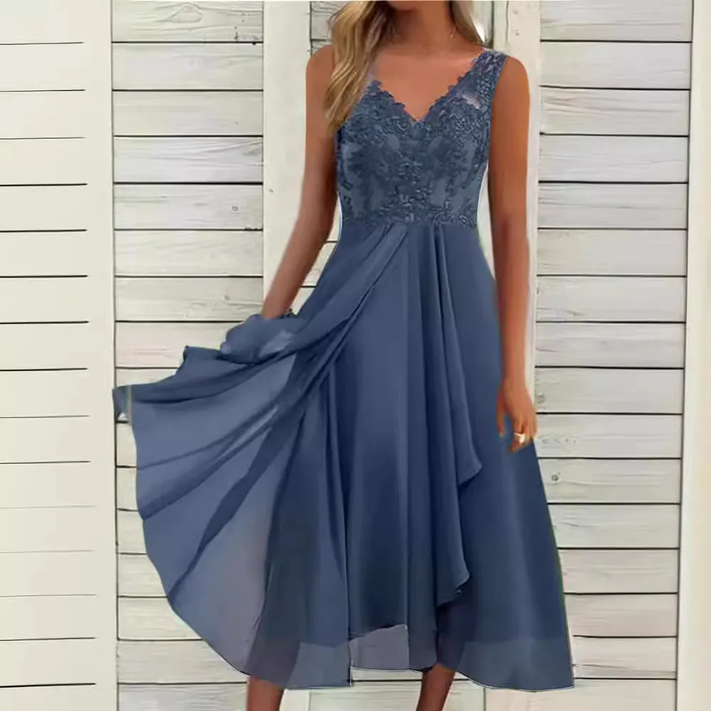DEANWANGKT European Cross-Border  Dress Chiffon Stitching Lace Hollow out Female Dress Bridesmaid Evening Dress Sleeveless