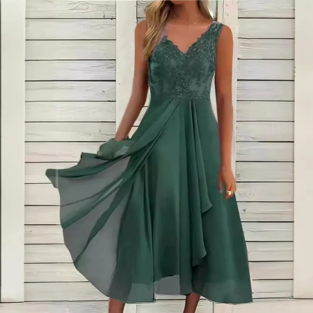 DEANWANGKT European Cross-Border  Dress Chiffon Stitching Lace Hollow out Female Dress Bridesmaid Evening Dress Sleeveless