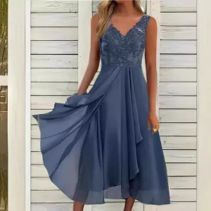 DEANWANGKT European Cross-Border  Dress Chiffon Stitching Lace Hollow out Female Dress Bridesmaid Evening Dress Sleeveless