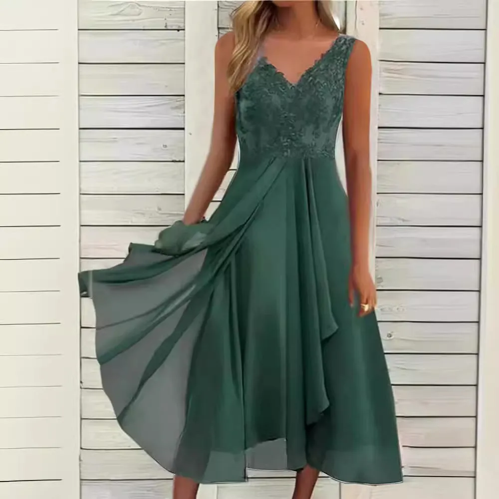 DEANWANGKT European Cross-Border  Dress Chiffon Stitching Lace Hollow out Female Dress Bridesmaid Evening Dress Sleeveless