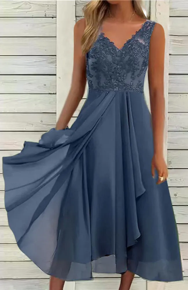 DEANWANGKT European Cross-Border  Dress Chiffon Stitching Lace Hollow out Female Dress Bridesmaid Evening Dress Sleeveless