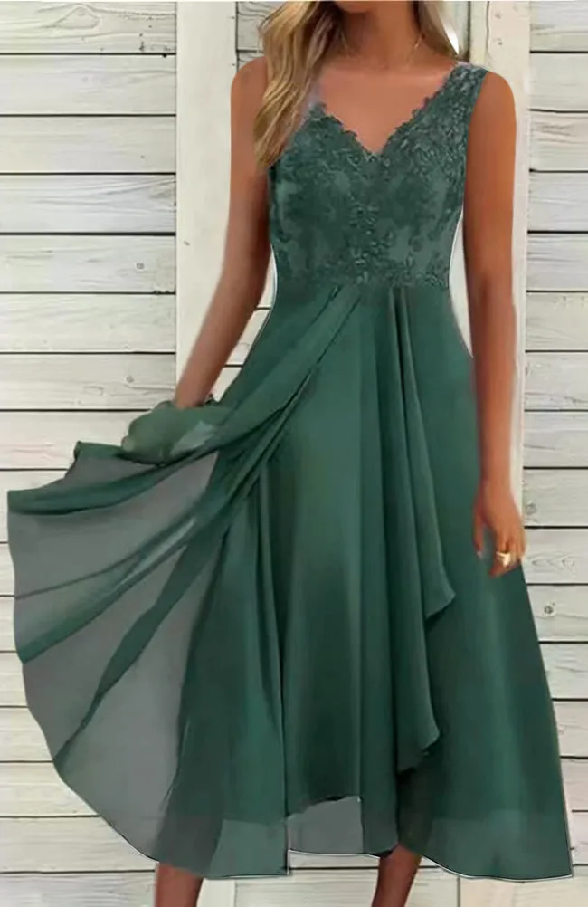 DEANWANGKT European Cross-Border  Dress Chiffon Stitching Lace Hollow out Female Dress Bridesmaid Evening Dress Sleeveless