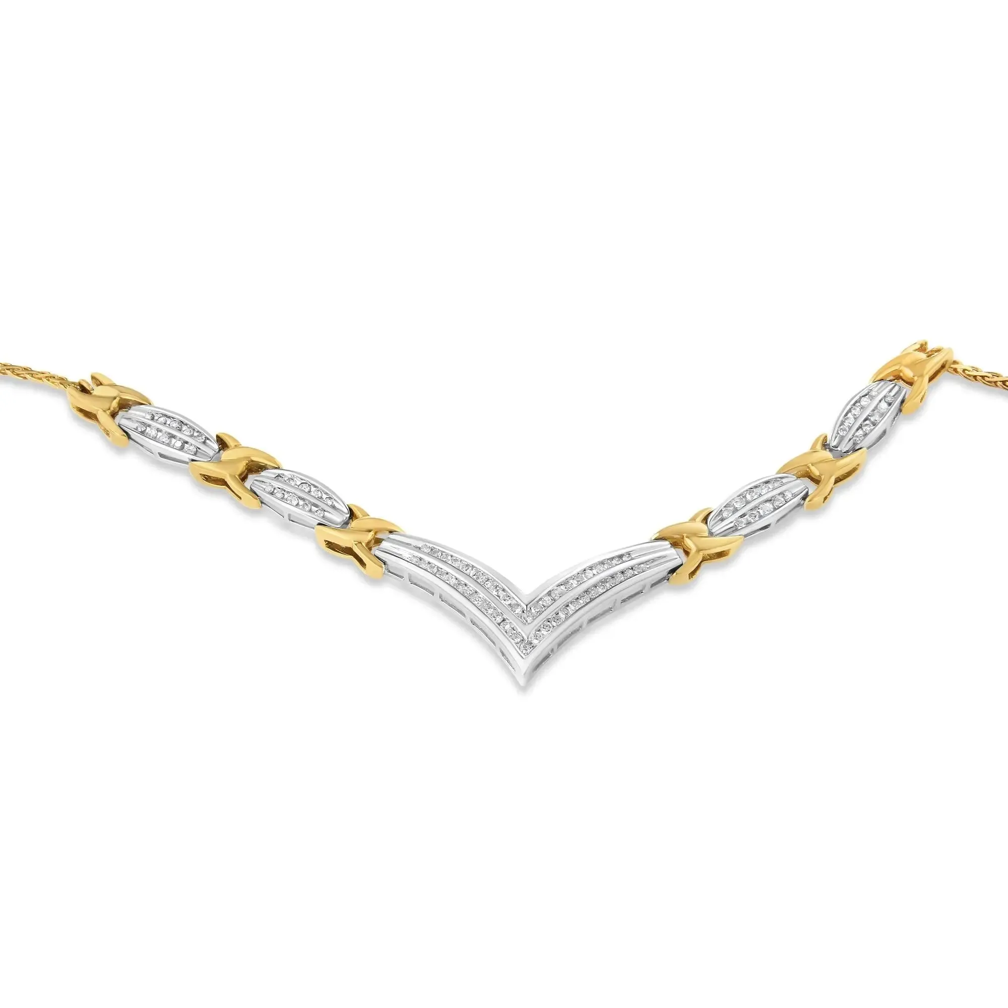 Elegant 10K Gold V-Shaped Diamond Necklace with Sparkling 1.0 Cttw Round and Princess Cuts