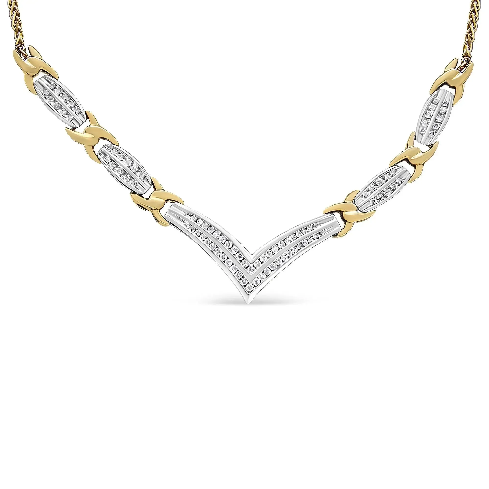 Elegant 10K Gold V-Shaped Diamond Necklace with Sparkling 1.0 Cttw Round and Princess Cuts