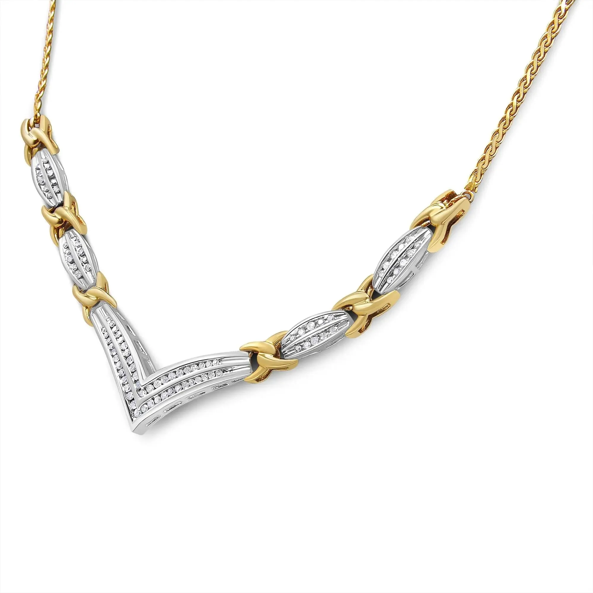 Elegant 10K Gold V-Shaped Diamond Necklace with Sparkling 1.0 Cttw Round and Princess Cuts